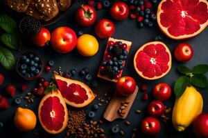 various fruits and vegetables are arranged on a black background. AI-Generated photo