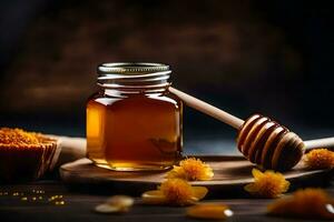 honey and flowers on a wooden table. AI-Generated photo