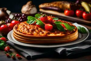 un Pizza con Tomates, albahaca y queso en un lámina. generado por ai foto