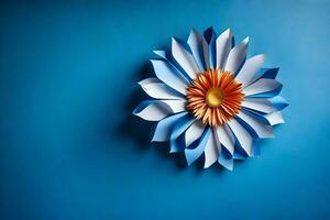 un azul y blanco papel flor en un azul pared. generado por ai foto