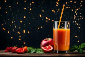 a glass of juice with berries and apples on a dark table. AI-Generated photo