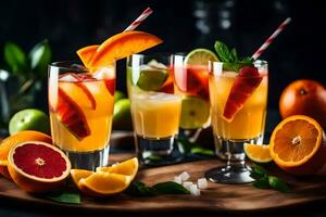 three glasses of orange juice with slices of fruit. AI-Generated photo