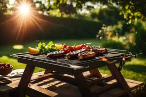 a barbecue grill with food on it in the sun. AI-Generated photo