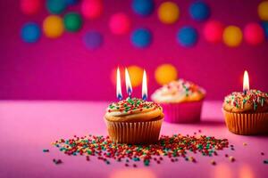 two cupcakes with candles on a pink background. AI-Generated photo