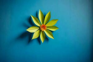 a green paper flower on a blue wall. AI-Generated photo