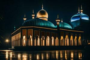 the mosque at night with the lights on. AI-Generated photo