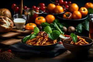 pasta con tomate salsa y vegetales en un de madera mesa. generado por ai foto