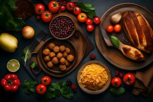 various types of food on a table. AI-Generated photo