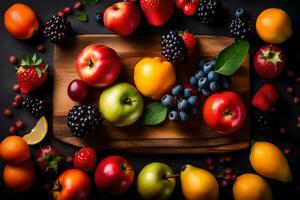 fresh fruits on a cutting board. AI-Generated photo