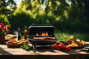 a grill with food and drinks on it. AI-Generated photo
