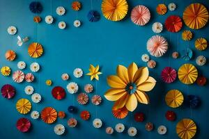 colorful paper flowers on a blue wall. AI-Generated photo