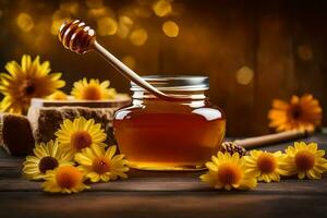 honey and flowers on a wooden table. AI-Generated photo