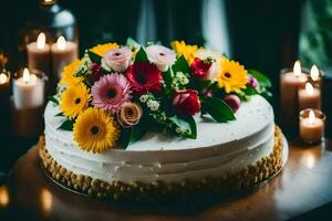 a wedding cake with colorful flowers on top. AI-Generated photo