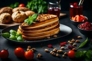 a stack of pancakes on a black plate with tomatoes and other ingredients. AI-Generated photo