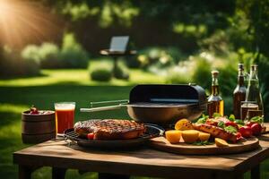 a barbecue grill with meat and vegetables on a table. AI-Generated photo