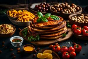 pancakes with vegetables and nuts on a wooden board. AI-Generated photo