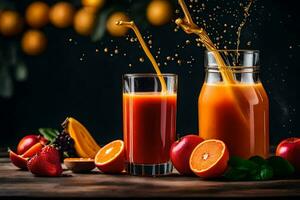 orange juice with fruit and juice splashing into a glass. AI-Generated photo