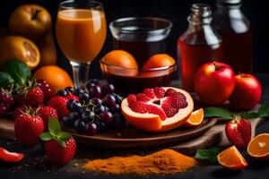 fruit juice and orange juice on a black background. AI-Generated photo