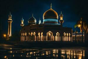 the mosque at night with its lights on. AI-Generated photo
