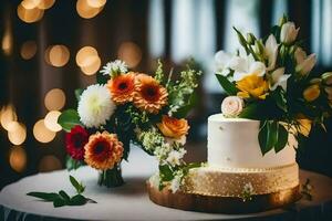 a wedding cake with flowers on top of a table. AI-Generated photo