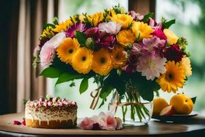 un ramo de flores de flores y pastel en un mesa. generado por ai foto