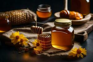 honey and honeycomb on a wooden table. AI-Generated photo