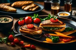 a plate with sandwiches, bread and other food. AI-Generated photo