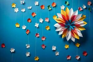 a colorful paper flower hanging from strings. AI-Generated photo