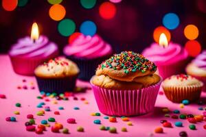 cupcakes on a pink background with colorful lights. AI-Generated photo