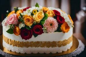 a cake with colorful flowers on top. AI-Generated photo