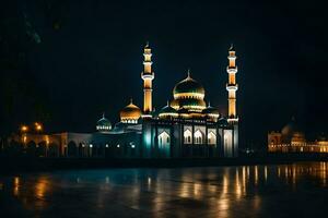 the mosque at night with the lights on. AI-Generated photo