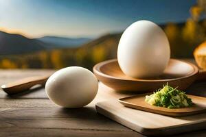 two eggs sit on a wooden board with a bowl of vegetables. AI-Generated photo