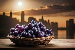 grapes in a basket on a wooden table. AI-Generated photo