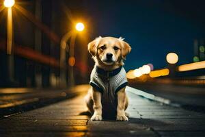 a dog sitting on the street at night. AI-Generated photo