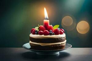 a birthday cake with a lit candle. AI-Generated photo