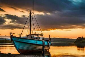 a boat sits on the shore at sunset. AI-Generated photo