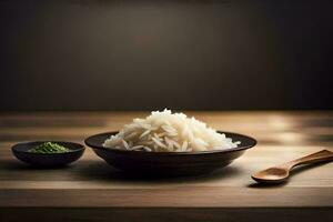 a bowl of rice and a wooden spoon on a table. AI-Generated photo