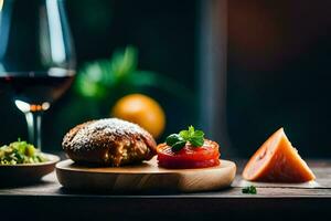 food and wine on a wooden table. AI-Generated photo