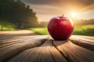 red apple on a wooden table in front of the sun. AI-Generated photo