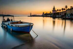 a boat sits on the shore at sunset. AI-Generated photo