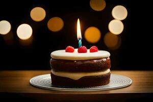 a birthday cake with a single candle. AI-Generated photo