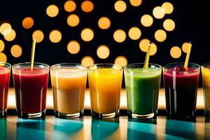 a row of different colored juices in glasses. AI-Generated photo