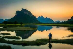 a man standing in the middle of a river with mountains in the background. AI-Generated photo