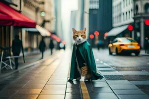 a cat dressed as a superhero standing on a city street. AI-Generated photo