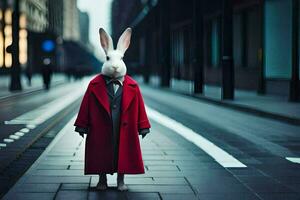 a rabbit dressed in a red coat and tie standing on a street. AI-Generated photo