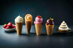 five different ice cream cones with different flavors. AI-Generated photo