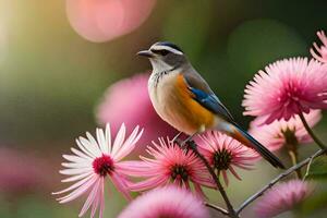 un pájaro es encaramado en un rosado flor. generado por ai foto