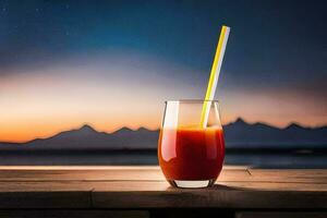 a glass of juice with a straw on a wooden table. AI-Generated photo