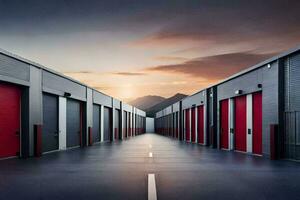 a long row of storage units with red and gray doors. AI-Generated photo