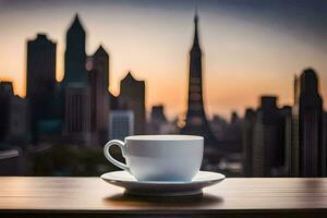 coffee cup on the table with cityscape in the background. AI-Generated photo
